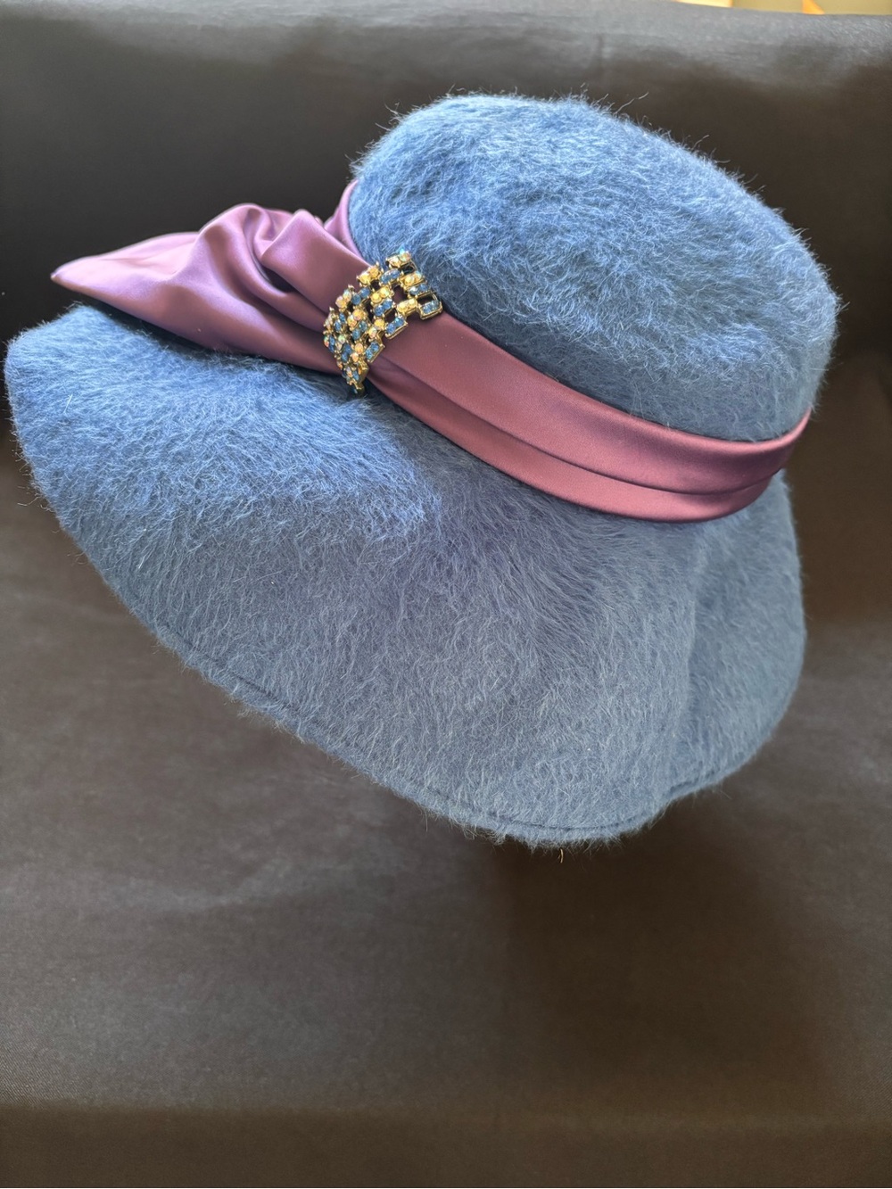 Vintage Merri Soie Blue Angora Blend Wide-Brim Hat with Purple Satin Band